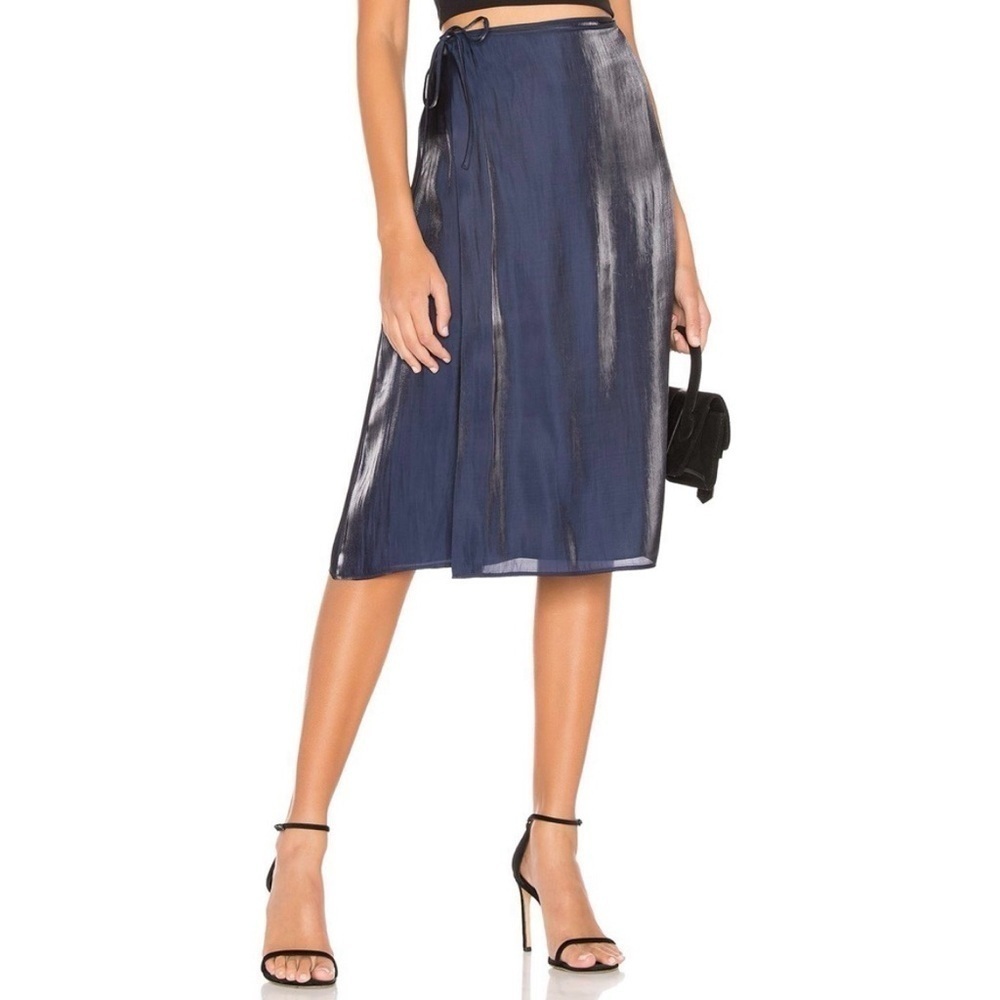 L'Academie Metallic Navy Blue Satin Midi Wrap Skirt